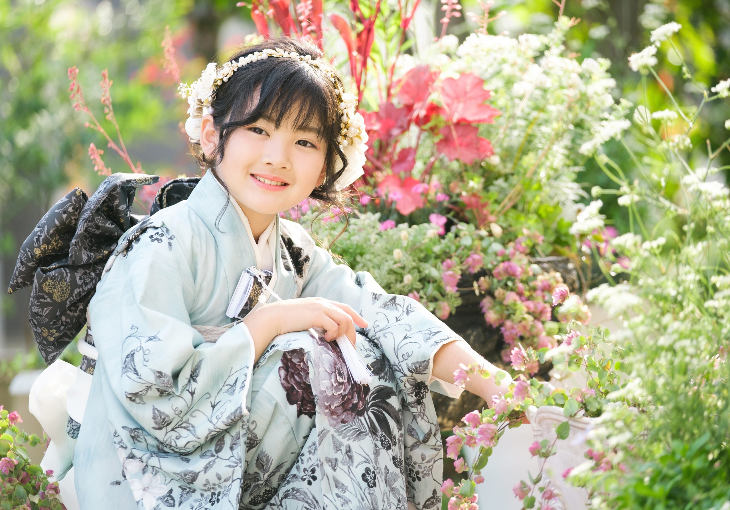 花と緑に囲まれた七五三ガーデン撮影